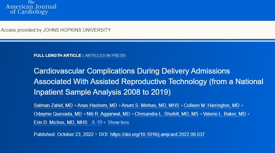 Pleased to share our latest #CardioObstetrics study led by @SalmanZahidMD. We examined 11 yrs of delivery hospitalizations & compared odds of CV complications at delivery among persons who conceived with assisted reproductive technology (ART) vs without. ajconline.org/article/S0002-…