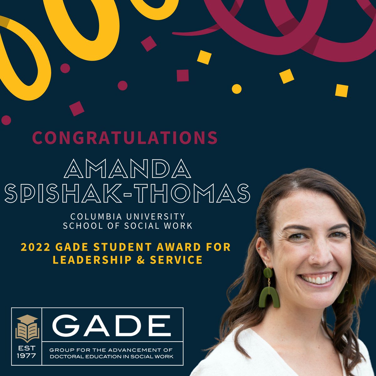 GADESocialWork's tweet photo. Congratulations to Amanda Spishak-Thomas (@m_spishakthomas) from @ColumbiaSSW for being named the recipient of the 2022 GADE Student Award for Leadership &amp; Service! 🎉 Read more at: https://t.co/EnGbHKqykU https://t.co/QX2vepHAyv