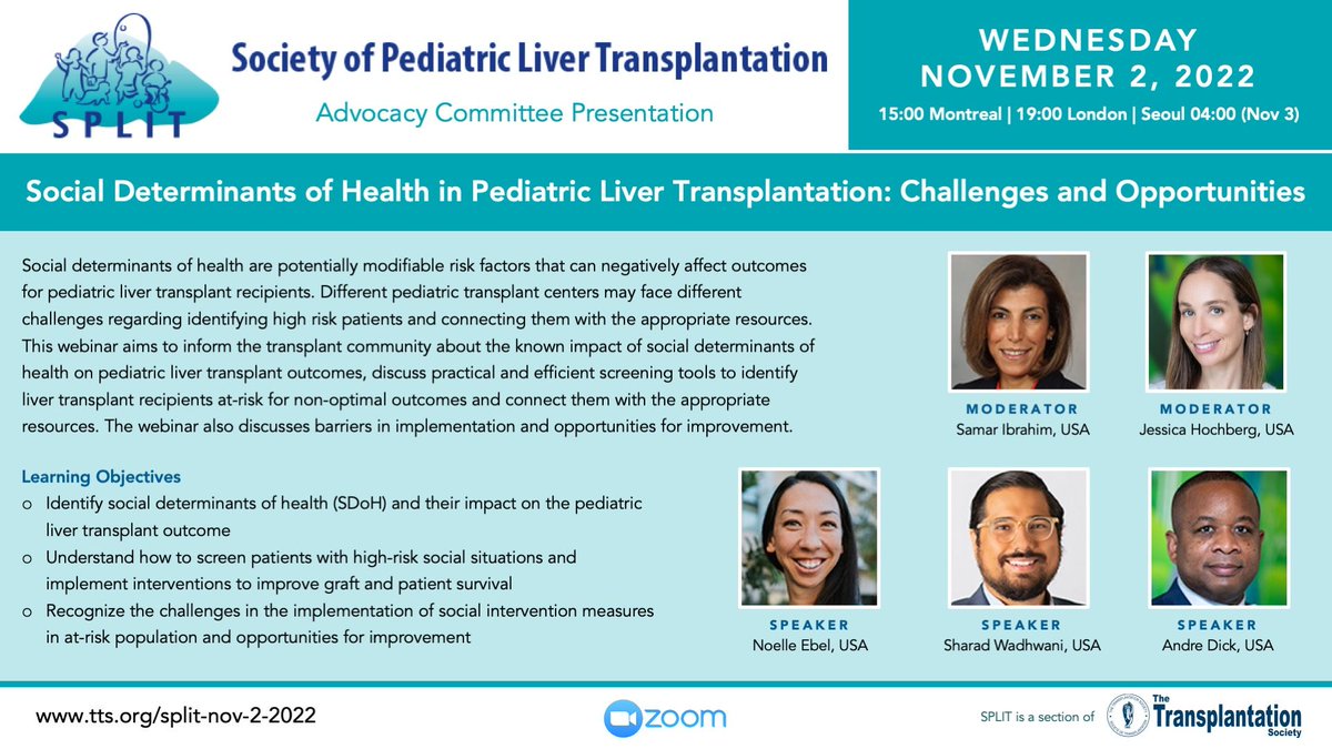 Don't miss tomorrow's <a href="/SPLIT_TTS/">Society of Pediatric Liver Transplantation (SPLIT)</a> webinar on Social Determinants of Health in Pediatric Liver Transplantation: Challenges and Opportunities webinar on Wednesday, Nov. 2. Speakers include Noelle Ebel, Sharad Wadhwani, and Andre Dick. More info 👉 bit.ly/3SirrDf