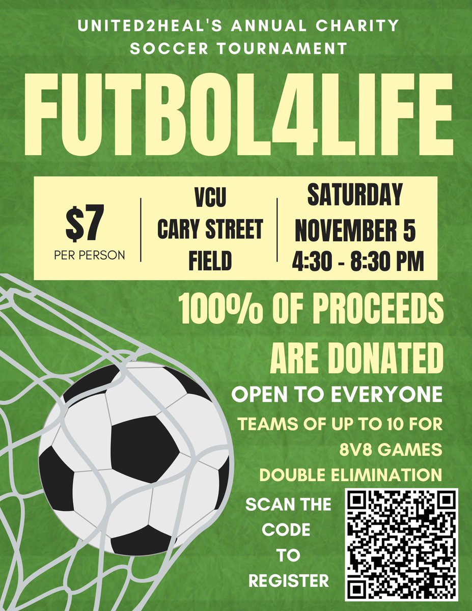 United2HealVCU's tweet photo. Hey Healers! It’s been a while since we have been active on twitter but we’re coming back 😊 Please come and join us for the charity soccer tournament we are having on Nov. 4th! https://t.co/5SglCX4LaJ