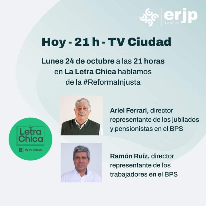JacintoAFGAP's tweet photo. Hoy a las 21:00 horas por @TVCIUDADuy
La opinión de los trabajadores de ayer y de hoy sobre la Reforma de la #SeguridadSocial
¡No se lo pierdan!
#ertbps #erjpbps https://t.co/TGmqGoc6uw
