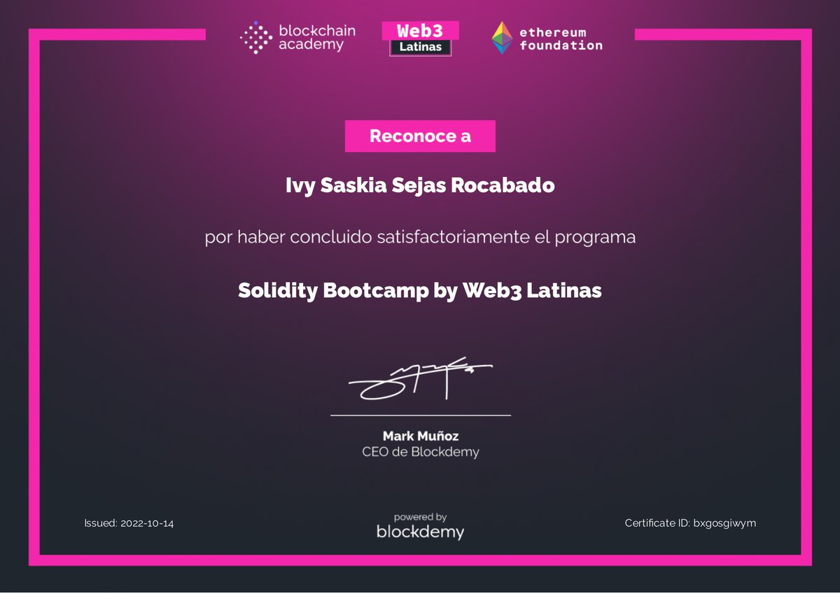 IvySaskia's tweet photo. Gracias por el Bootcamp! 🫶🏻 
@Web3Latinas_ @blockdemy 
 
Una grandiosa experiencia de aprendizaje y superanción
#solidity #Ethereum #blockchain #web3 #Equipo13 https://t.co/o2lZ7zEpZt