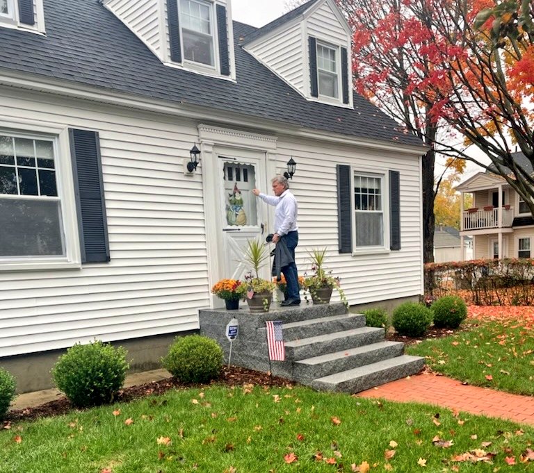 MikeCollinsGA's tweet photo. Back in New Hampshire to support @kleavittnh for Congress. She is working extremely hard to win and we have her back. Didn't let a little rain slow us down from knocking in Manchester. I heard it over and over today—voters want a new direction. #NH01 https://t.co/0QzndkEjxD