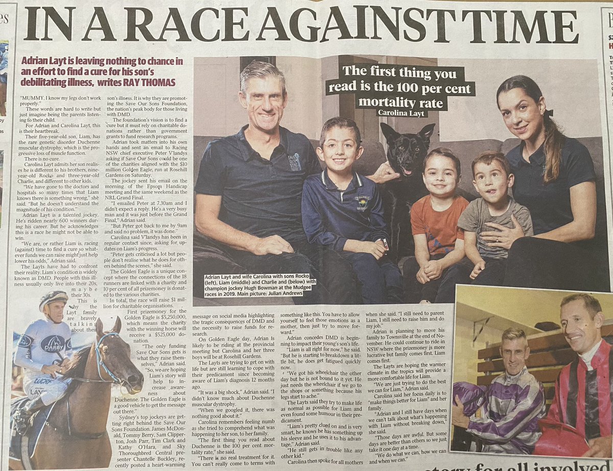 Thank you so much for the story <a href="/RayThomas_1/">Ray Thomas</a> <a href="/dailytelegraph/">The Daily Telegraph</a> <a href="/adrianlayt/">Adrian Layt 🏇</a> <a href="/SaveOurSons/">Save Our Sons Duchenne Foundation</a> the count down is on for the Golden Eagle 🦅 <a href="/aus_turf_club/">Australian Turf Club</a>