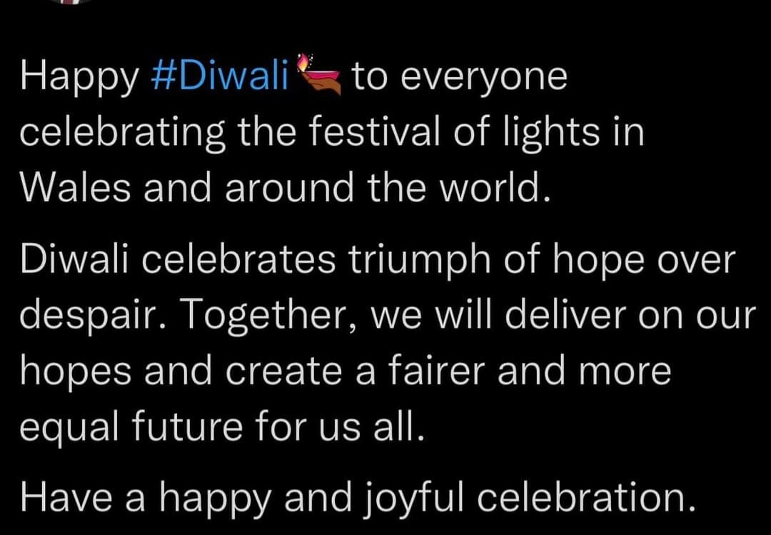 JanMcDonald1's tweet photo. Words from Mark Drakeford, First Minister for Wales. Nice words, sir. Happy Diwali! https://t.co/RpG8trkrJC