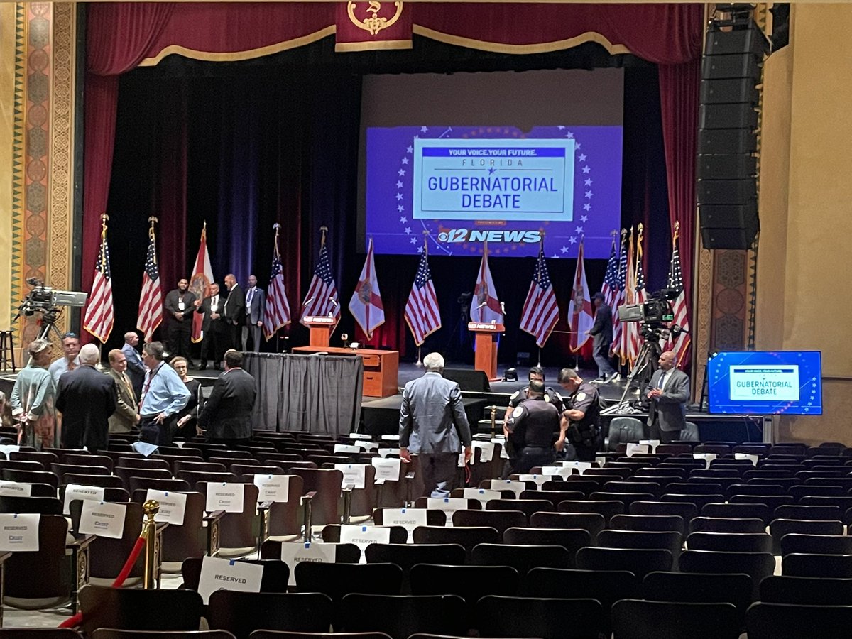 Ted Scouten (@cbs4ted) on Twitter photo The stage is set for tonight’s only debate between <a href="/CharlieCrist/">Charlie Crist</a> and @RonDeSantisFL in Fort Pierce. You can watch it live at 7 on <a href="/CBSMiami/">CBS News Miami</a> The stage is set for tonight’s only debate between <a href="/CharlieCrist/">Charlie Crist</a> and @RonDeSantisFL in Fort Pierce. You can watch it live at 7 on <a href="/CBSMiami/">CBS News Miami</a>