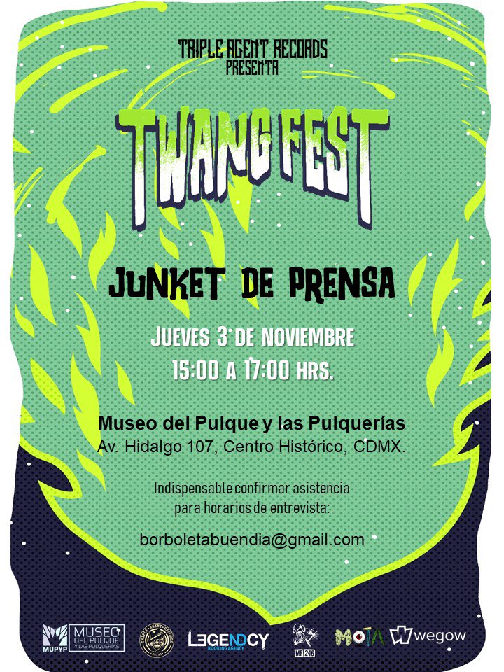 SurfSecretAgent's tweet photo. INVITAMOS A LA PRENSA DE CDMX
jueves 3 noviembre 3-5pm #MUSEODELPULQUE
#TwangFest 10 noviembre Multiforo 246 @esquizitos @SurfSecretAgent (@tweetELVEZ), @fenomenofuzz ,@Viernesdehongos, @sysmalakian BOLETOS https://t.co/wM25CjmDz0
https://t.co/gfPlHmJrbw https://t.co/424xF4YJoU