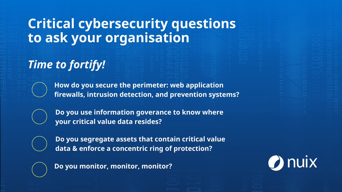 nuix's tweet photo. As online threats to technology and confidential data become more common, it's vital that your organisation has cyber security top of mind. Are you asking the right questions? 

#Cybersecurity #DataSecurity #Strategy #CyberAttack #FraudPrevention #CyberSecurityAwarenessMonth https://t.co/ZaP4jKHuMw