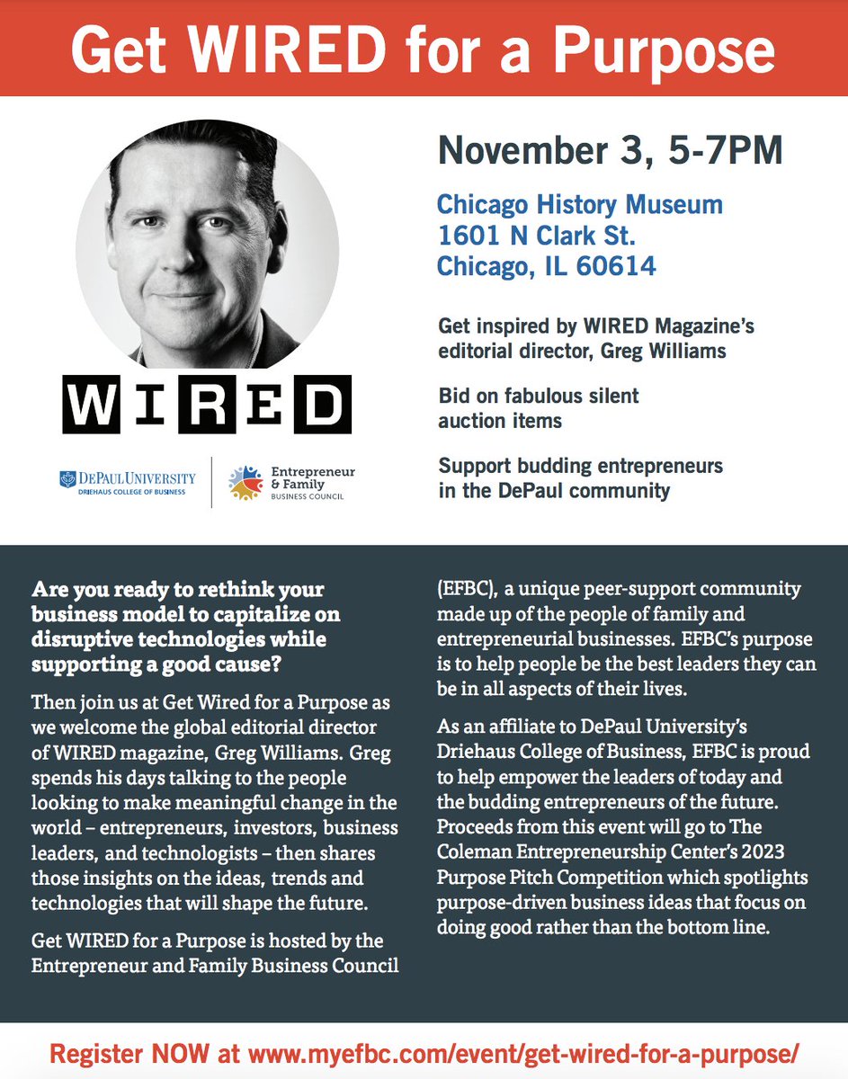 Do you want to help DePaul student entrepreneurs get their companies up and running? Register today to help the next generation of entrepreneurs realize their purpose! Join us at the Get WIRED for a Purpose event hosted by the Entrepreneur &amp; Family Business Council.