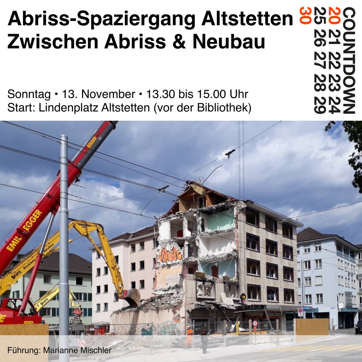 In ZH-Altstetten ragen Bauprofile in den Himmel &amp; der Bagger frisst sich durchs Quartier. Bekannte &amp; vertraute Orte verschwinden. Welche Auswirkungen hat diese Bautätigkeit auf die Bewohner*innen von Altstetten? Wir spazieren durch einen Teil vom Quartier &amp; tauschen uns aus.