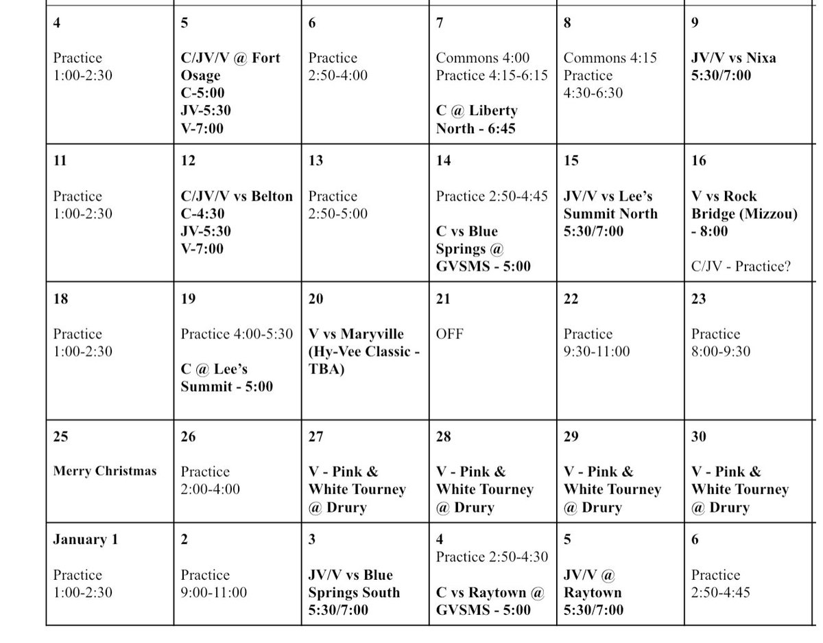 Girls Basketball Schedule (Nov 6th- Jan 6th)