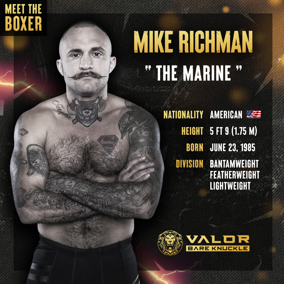 ValorBK's tweet photo. Meet the #VBKBoxer 👊 @MikeUSMCRichman made his Bare Knuckle debut at #VBK1
Watch 🔗https://t.co/LNJ69uYRnc https://t.co/WUKD4v1Hpq