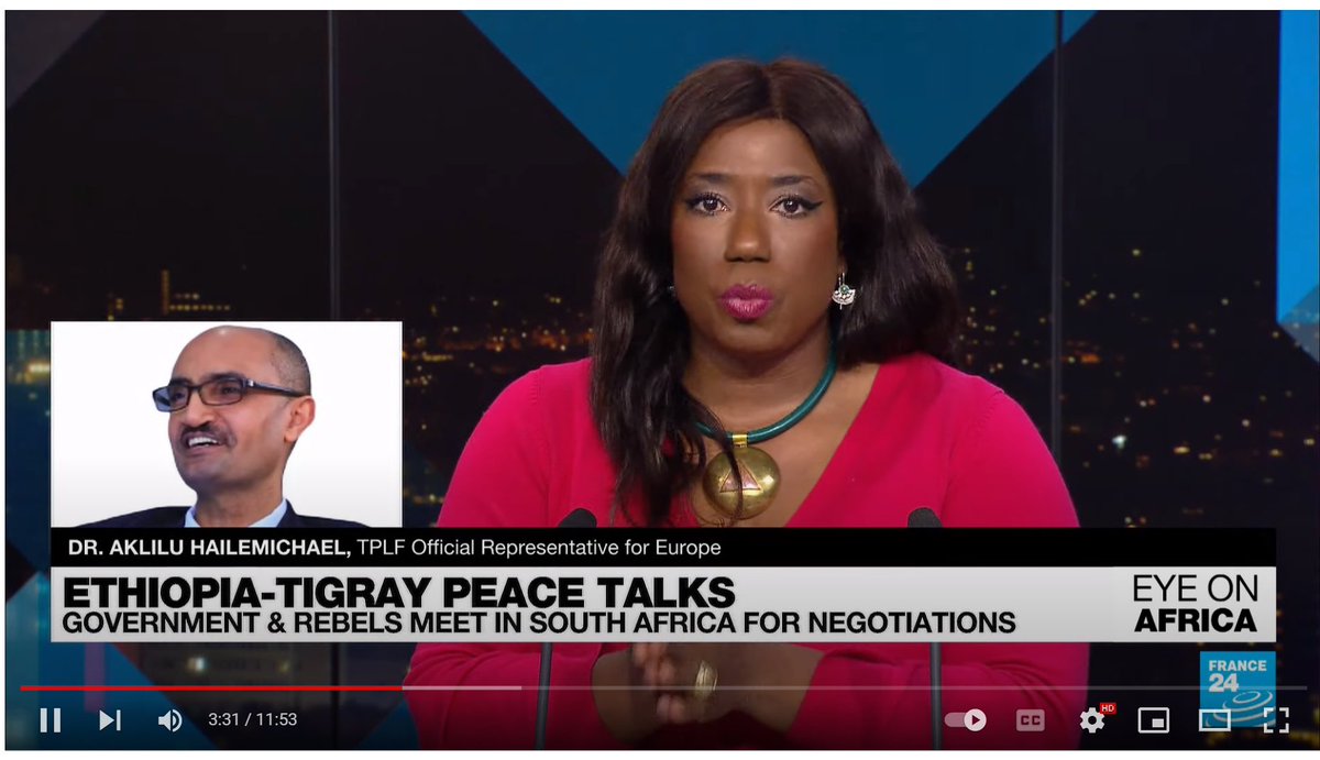 In the peace talks in south Africa, Tigray's key expectations include unconditional &amp; immediate cessation of hostilities, unfettered access to humanitarian support, HR Institutions,  int'l media, and withdrawal of Eritrea. I had interview with France 24.
 youtube.com/watch?v=M7-5r3…
