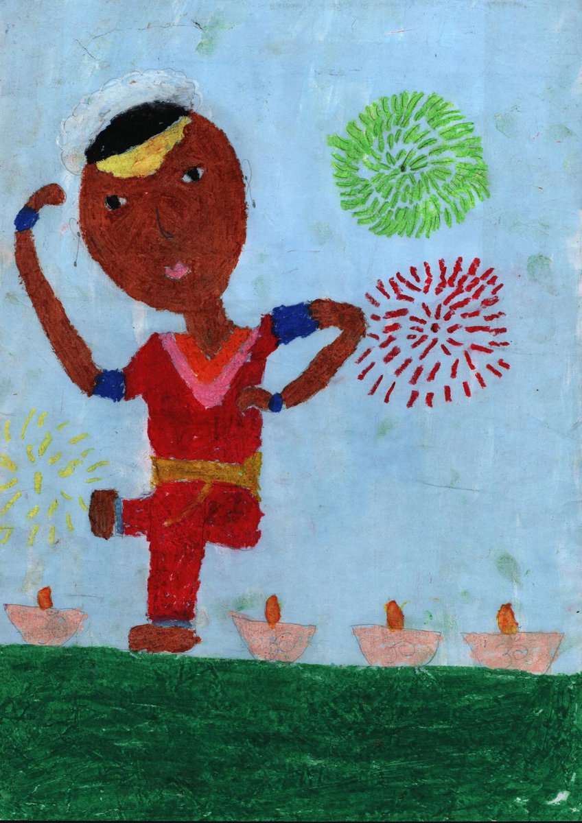 Here's a beautiful piece of art from our collection in honor of Diwali, also known as the Festival of Lights, being celebrated in India &amp; across the world today!

"Diwali Festival" by Renee Panday, age 8. Pinetown, South Africa, 2007. 
#diwali #wacm #holiday #celebration #art