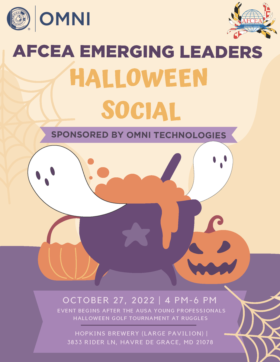 teamomnitech's tweet photo. On Oct. 27 @teamomnitech is sponsoring the @AFCEA_Aberdeen Emerging Leaders Halloween social event. 
We will also be jointly hosting our #TeamOMNI Happy Hour. 
 
If you are a part of AFCEA, please join us and meet some of our team and fellow AUSA and AFCEA members.

#AFCEA #AUSA https://t.co/jecLNqxh0o