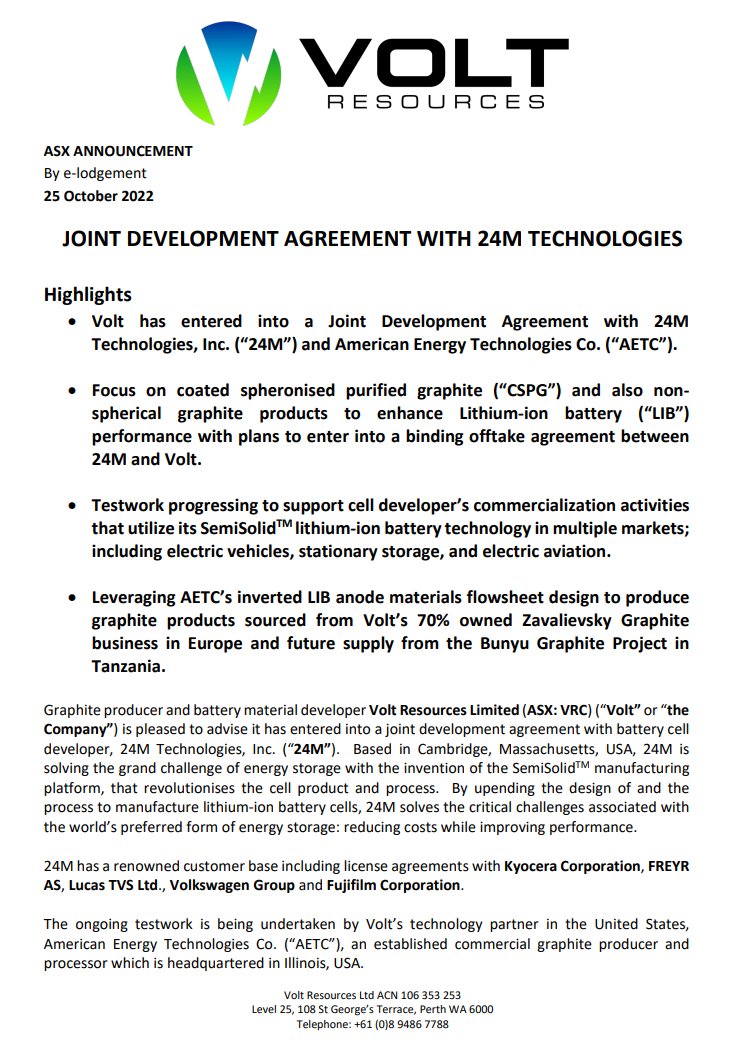 $VRC taking the scenic route... 

HUGE NEWS 

$VRC Volt has entered into a Joint Development Agreement with 24M Technologies, Inc. (“24M”) and American Energy Technologies Co. (“AETC”).