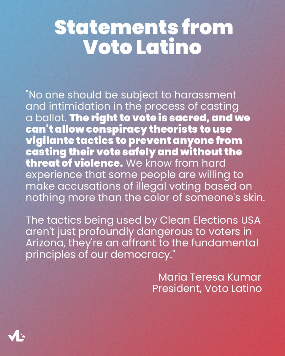 votolatino's tweet photo. "No one should be subject to harassment and intimidation in the process of casting a ballot. The right to vote is sacred, and we can't allow conspiracy theorists to use vigilante tactics to prevent anyone from casting their vote safely." — Voto Latino President @MariaTeresa https://t.co/0IakQ1MZHN