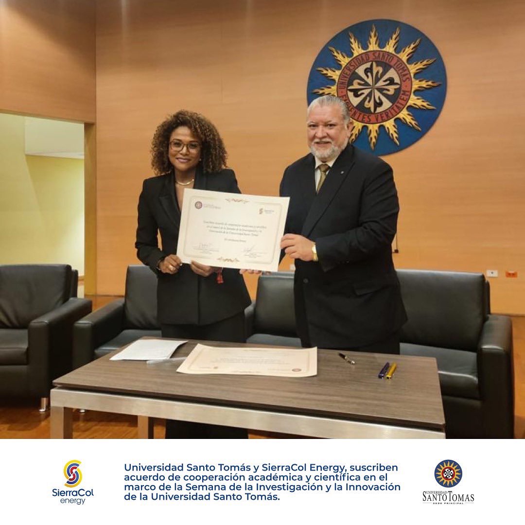 SierraColEnergy's tweet photo. En el día de hoy, junto con la Universidad Santo Tomás, hemos suscrito un acuerdo de cooperación académica y científica, en línea con nuestro compromiso de impactar positivamente en los diferentes territorios donde llevamos a cabo nuestras operaciones. @USTA_COLOMBIA https://t.co/5TPDjgTvqr