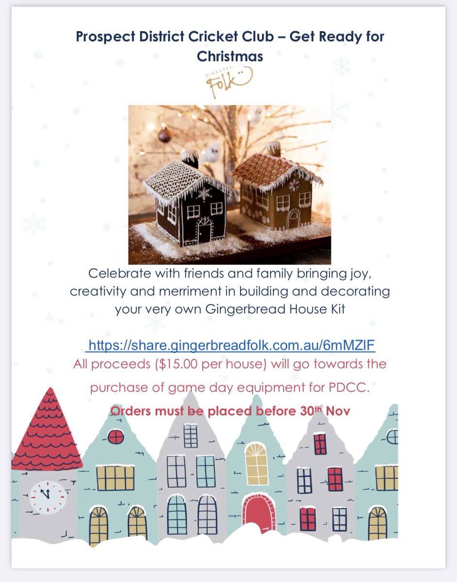 It’s nearly that time Pirates family and what better way to celebrate Xmas and support the PDCC with Ginger bread house ! 
Order via the following link 
share.gingerbreadfolk.com.au/6mMZlF 
with proceeds raised being return to PDCC so we can purchase vital game day equipment ❤️🏴‍☠️🏏