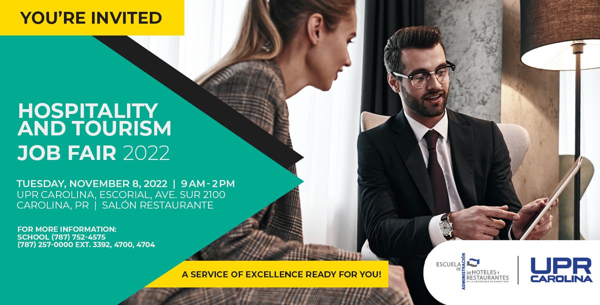 La DECEP-UPR Carolina te invita a participar del Hospitality &amp; Tourism Job Fair 2022.🗣️
📆 8 de noviembre, 9:00AM-2:00PM
📌Salón restaurante, UPR Carolina
ℹ️ Abierto para público general