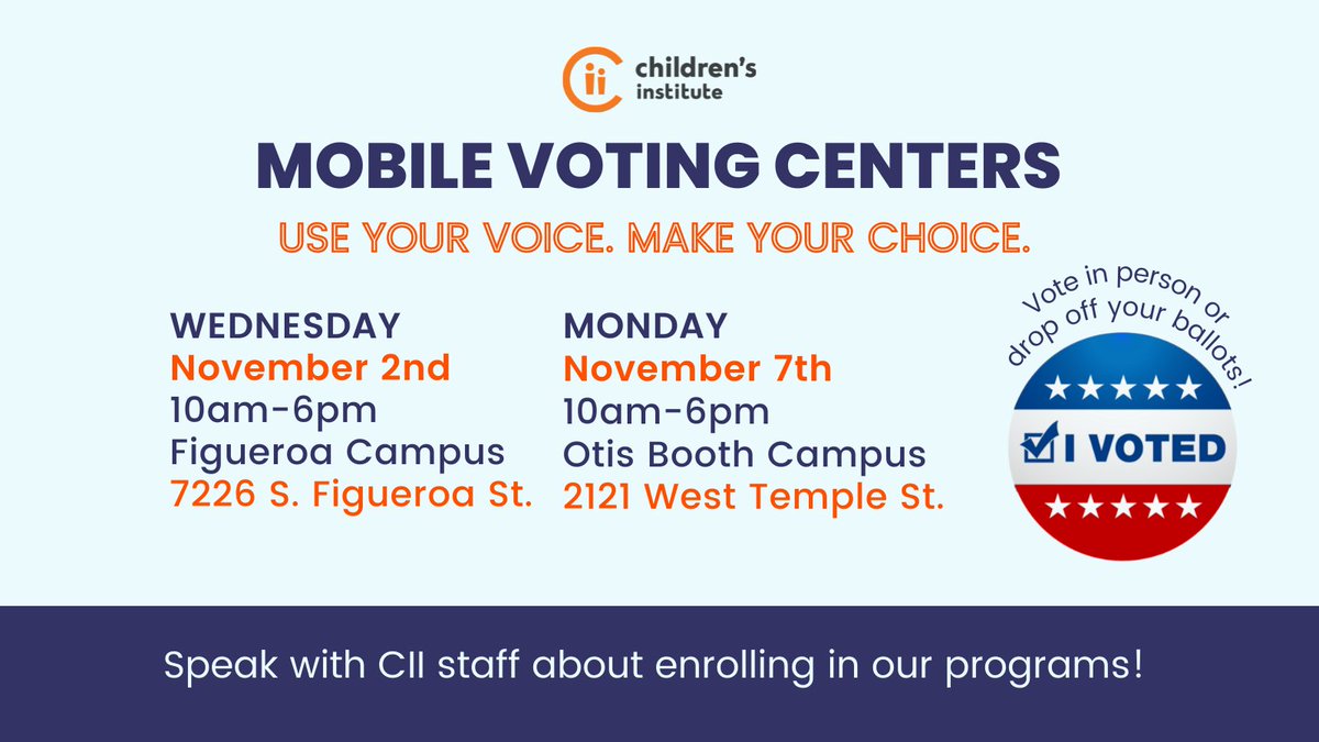 You can come to our Figueroa campus on Wednesday, November 2nd from 10am-6pm or our Otis Booth campus on Monday, November 7th from 10am-6pm to vote or drop off your ballot! 

Not sure what’s on the ballot? Check out this helpful voter guide: voterguide.sos.ca.gov