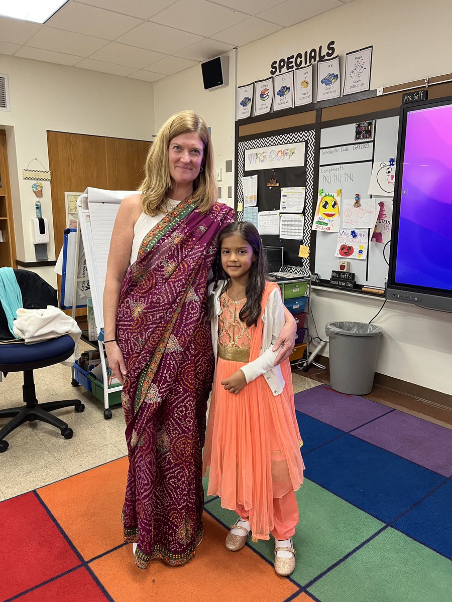 Today we were lucky enough to have a parent in to teach us about the Hindu holiday, Diwali. Students loved listening to a book about the holiday, making a diya and seeing their teacher in a sari.