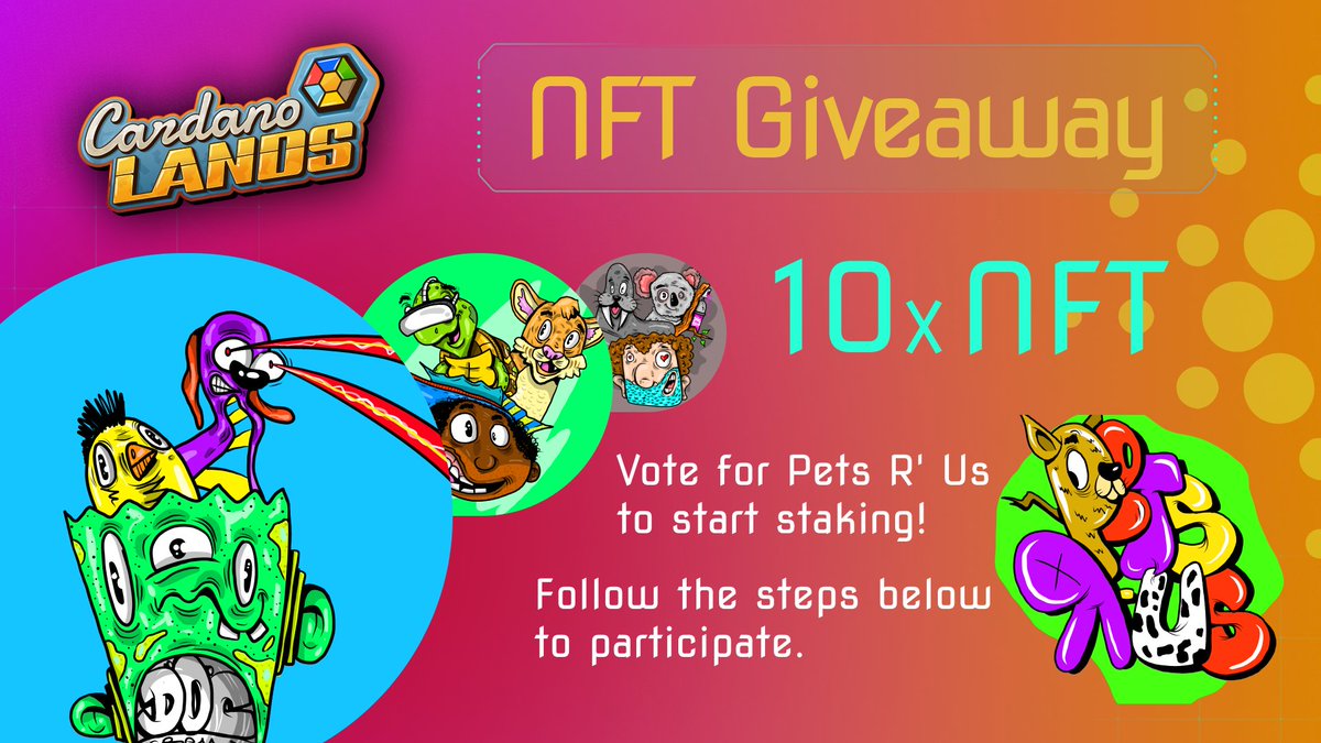 onchainkingdoms's tweet image. Massive #GIVEAWAY🎉
Participate by voting for Pets R' Us in Cardano Lands and win an NFT!

🏆x10 Pets R' Us NFT

Rules:
🔵Follow @PetsRusCNFT &amp;amp; @cardanolands
🔵RT  &amp;amp; ❤️
🔵Vote for Pets R' Us and post a screenshot in the comments
🔵Tag 3 friends

⏰48h
#CNFTGiveaways #NFT #ADA
