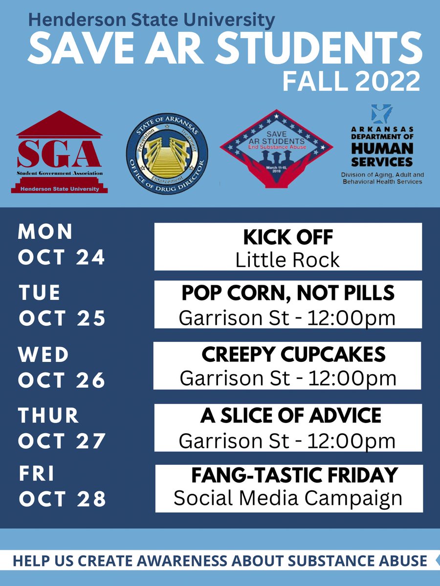 HendersonSGA's tweet photo. We started our Save AR students week of events by attending the kick off at the Capitol. Thanks to rep @juliemayberry17 for stopping by to say hi to us.
Join us tomorrow as we Pop Corn, Not Pills in the garrison st from 12:00pm - 2:00pm https://t.co/pSQc9KjSJY