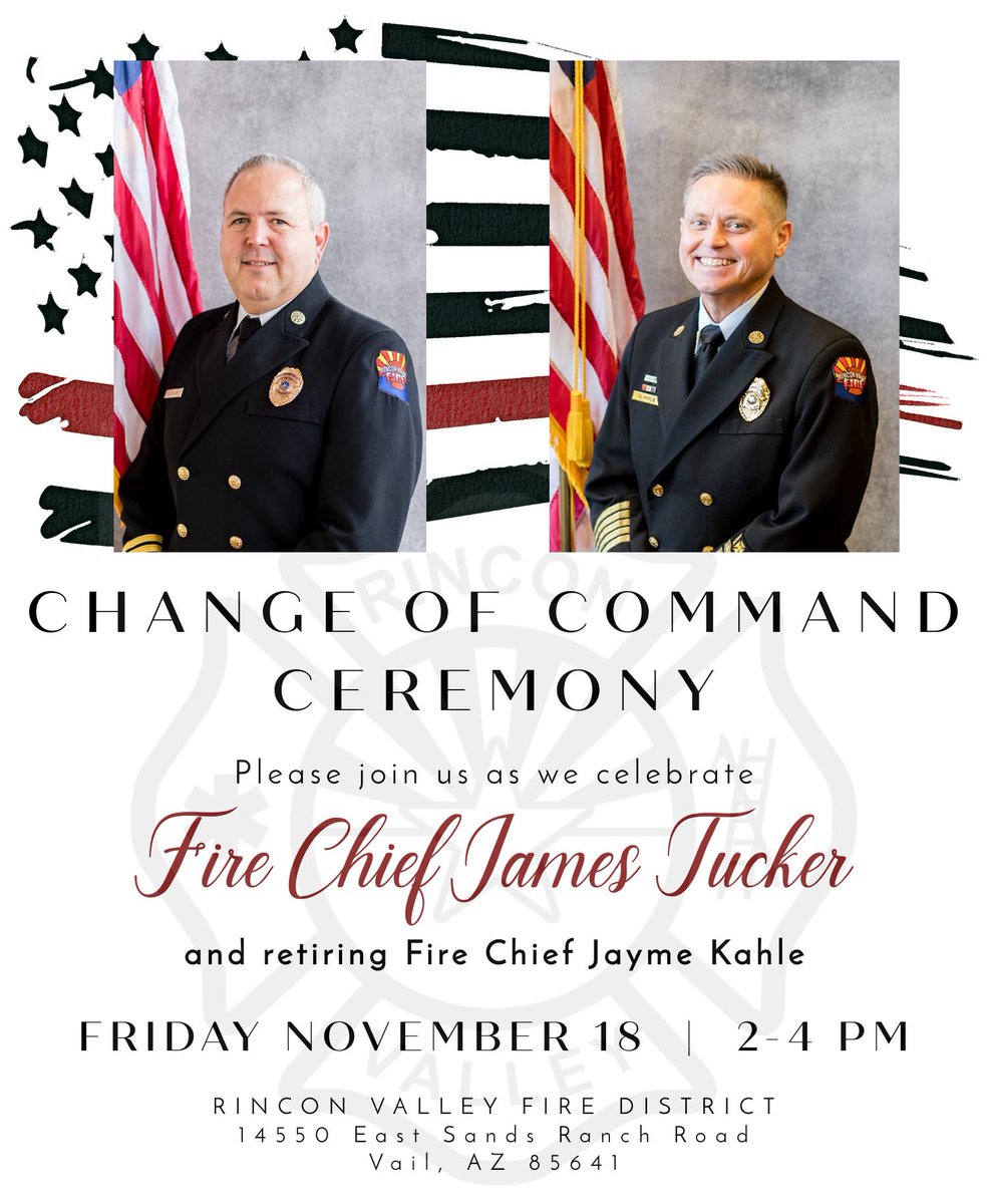RinconFire's tweet photo. The Change of Command ceremony is the symbolic movement of authority and command between two fire service officers. 
Please join us on Friday, November 18th at 2:00 PM to welcome Fire Chief Tucker into his new role and express gratitude to retiring Fire Chief Kahle. 

#rinconfire https://t.co/LZIuuQKdvg