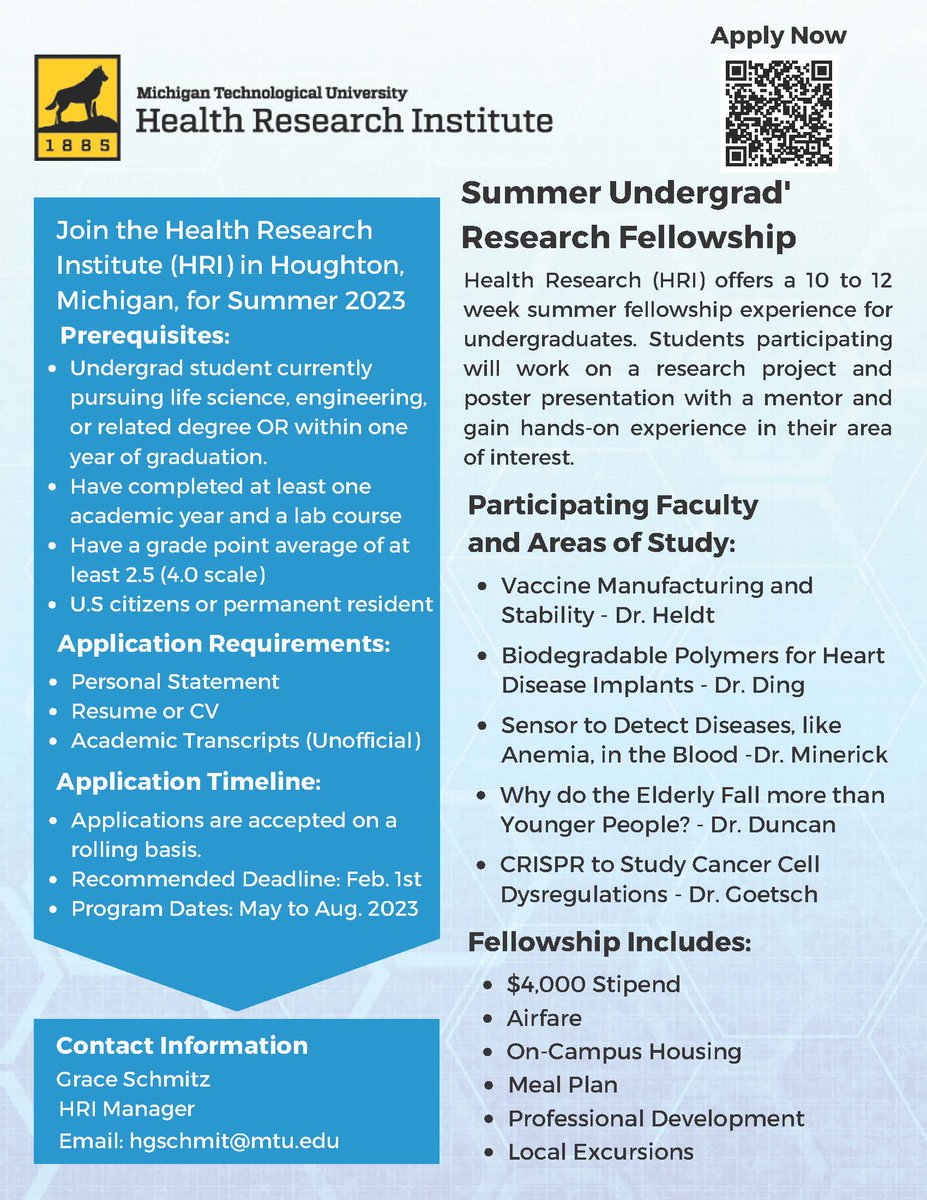 #AcademicTwitter, we have started accepting applications for the Summer Undergraduate Research Fellowship program! Follow the link below and feel free to reach out to @HGraceSchmitz if you have questions! #undergraduateresearch @carynheldt @michigantech tinyurl.com/mvd22v2f
