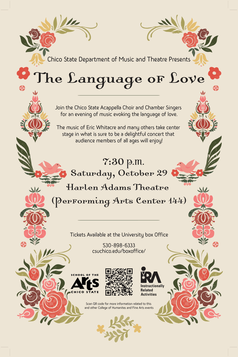 ChicoStateSOA's tweet photo. Join the Chico State Acappella Choir and Chamber Singers this Saturday the 29th @ 7:30 P.M! Tickets are available now at https://t.co/uJoHtl9t2l https://t.co/mOeOZyYJ1B