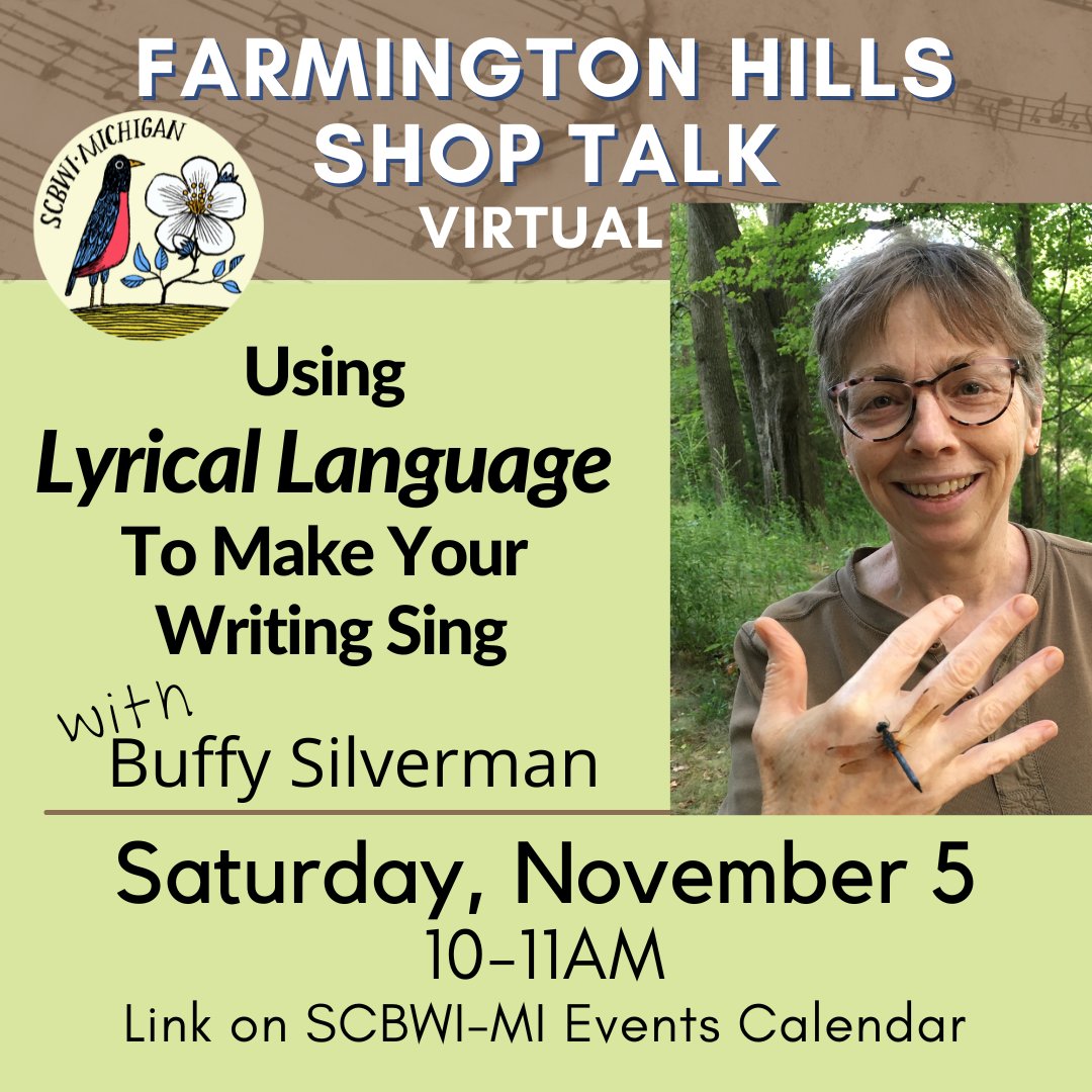 SCBWIMichigan's tweet photo. In this shop talk we’ll discuss the qualities of poetry that add musicality to writing. We’ll look at examples from picture books and poems, then try out these techniques to enhance our own writing! Be there! https://t.co/LdoStnbEtz