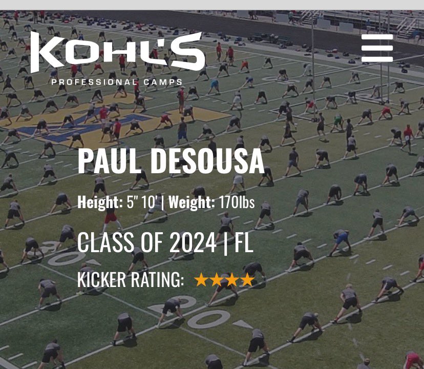 Blessed to receive 4 ⭐️by @KohlsKicking , very thankful for the opportunity to show off my ability. @TC_Football @JerisMcIntyre @TCPrincipal @CoachMcClain73 @ncsa @OhioStateFB @GatorsFB @FSUFootball @OU_Football @UCF_Football @LSUfootball @ClemsonFB @AuburnFootball