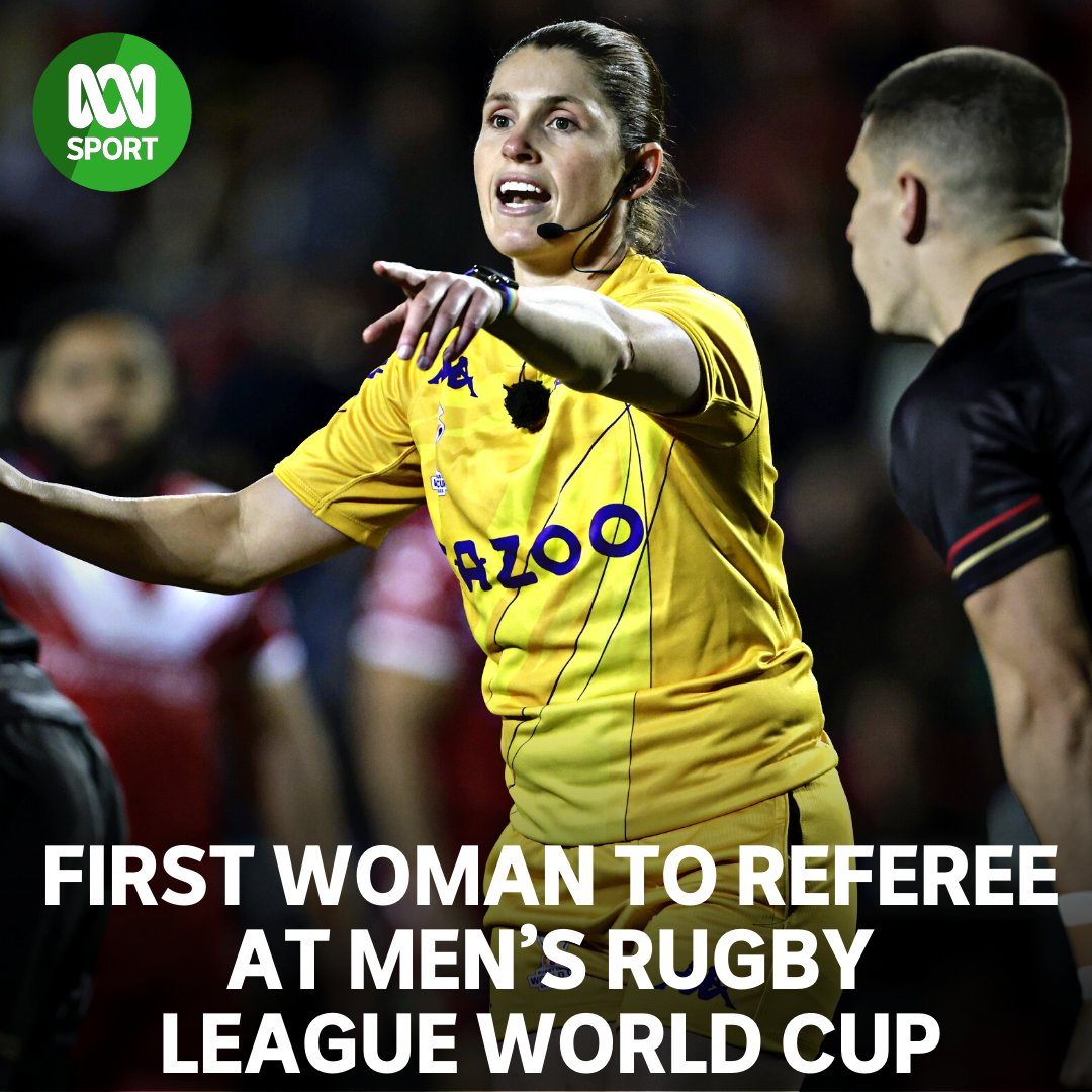 abcsport's tweet photo. Congratulations to Aussie Kasey Badger who has made history!

She became the first female referee to take charge of a men's Rugby League World Cup fixture when she officiated the Group D clash between Tonga and Wales. https://t.co/brfjSUAfPW