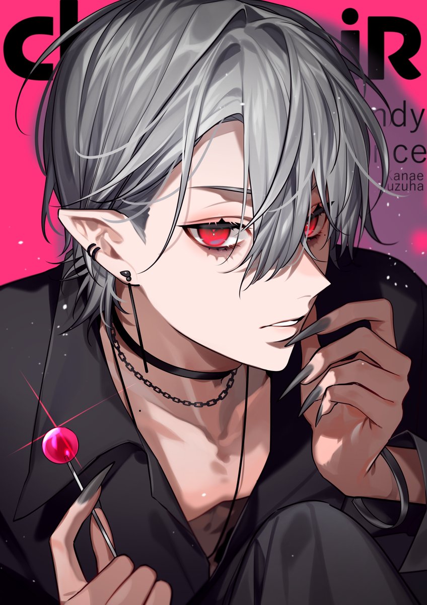 1boy male focus food red eyes pointy ears solo candy  illustration images