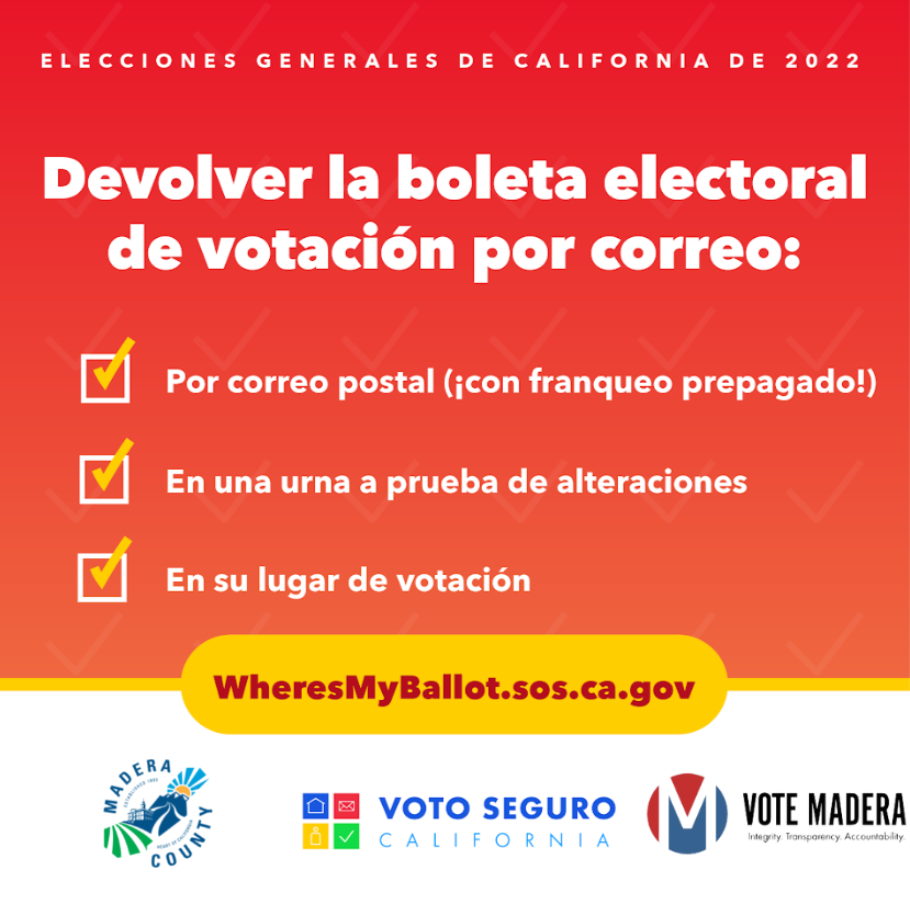 MaderaElections's tweet photo. There are several secure options to return your ballot in the#2022CAGeneralElection: mail, drop-box, or in person at your voting location or polling place. No matter how you return it, track it through the process to be sure your vote is counted!
https://t.co/JQESLgHZdL https://t.co/11bdRiw2Af