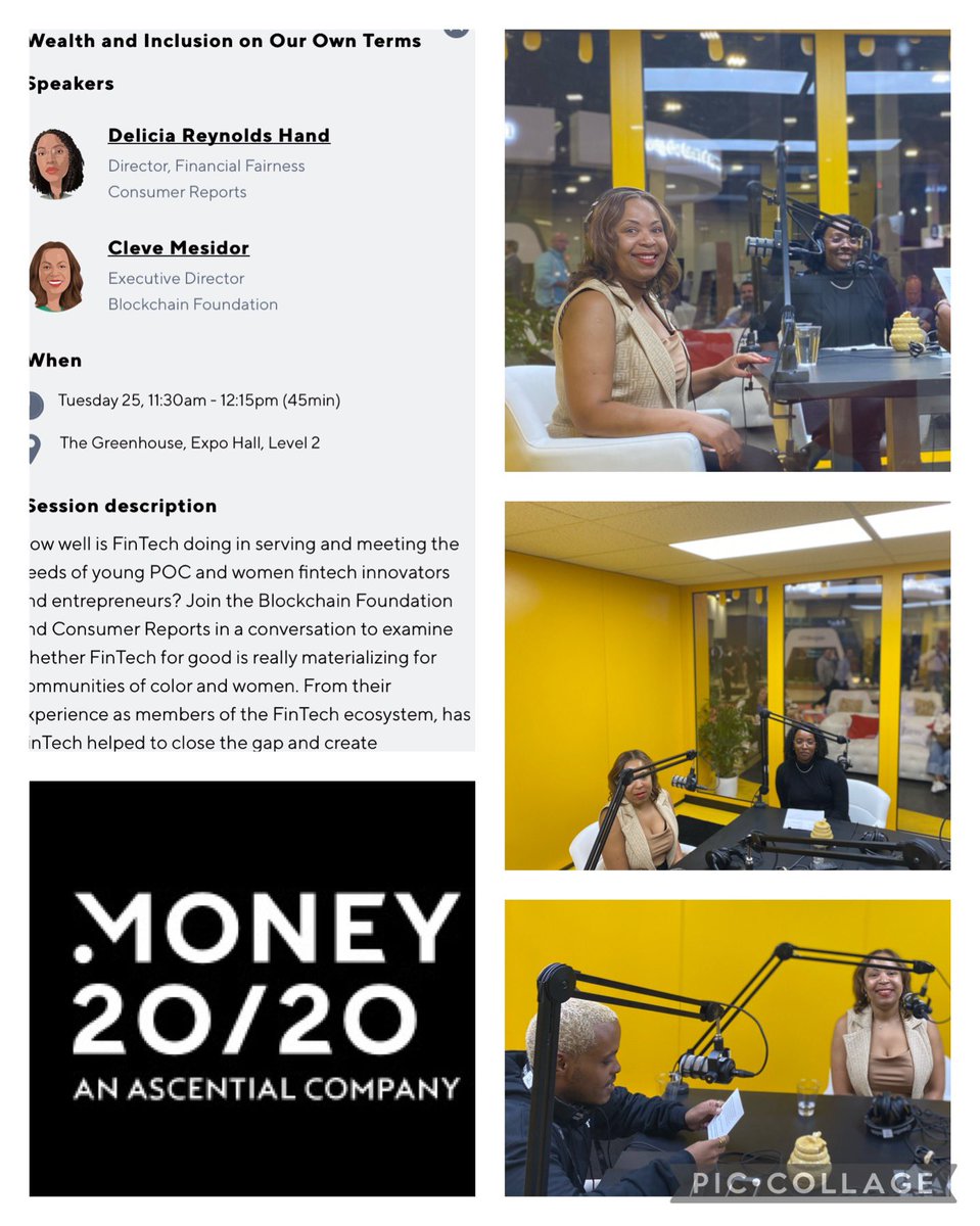 Tomorrow, don’t miss @ConsumerReports’ Delicia Reynolds Hand & @TheBlockFound’s Executive Director @cmesi session about “Wealth and Inclusion on our Own Terms.”  Today, they were live on @money2020’s MoneyPot Podcast to preview their panel. #access #financialinclusion