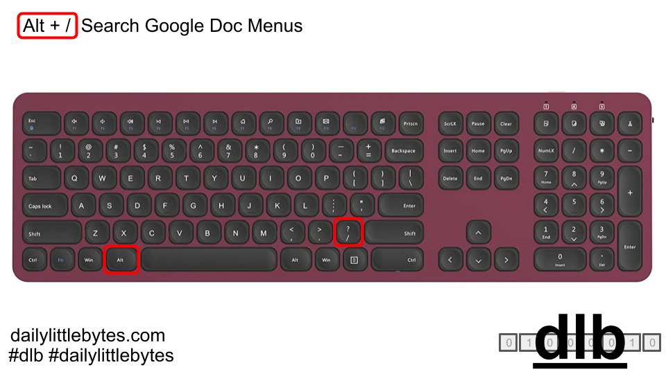 DailyLittleByte's tweet photo. Can't remember where to find something in the Google Doc menu? Use Alt + / in Google Docs and other Google Workspace applications!

#dailylittlebytes #dlb #QuickTip #tips #tipsandtricks #shortcuts #shortcutkeys #GoogleWorkspace #GoogleDocs #Monday
https://t.co/BuL4MhYcII https://t.co/pU6Zf9zt3Y