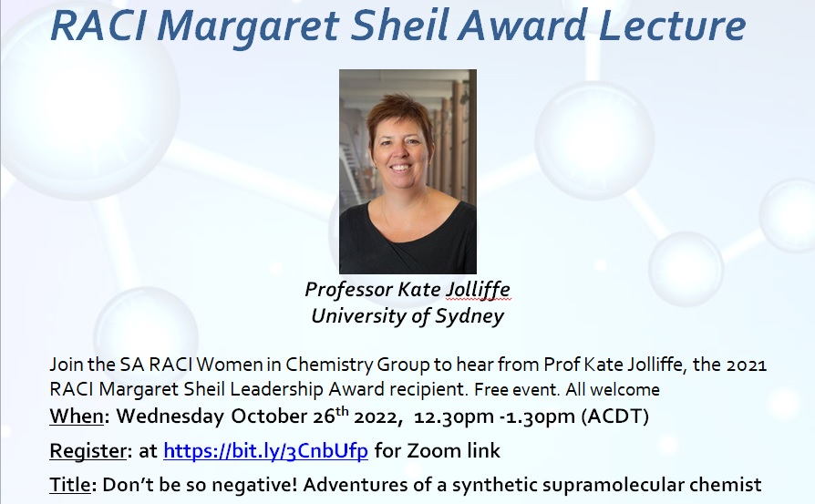 UlaAlexander's tweet photo. Looking forward to hearing from Prof Kate Jolliffe for the RACI Margaret Sheil Leadership Award Lecture, Oct 26th.  Register at https://t.co/NyKcpxwQok. All welcome @RACI_SAbranch @WiC_SA https://t.co/B99arpHGgT