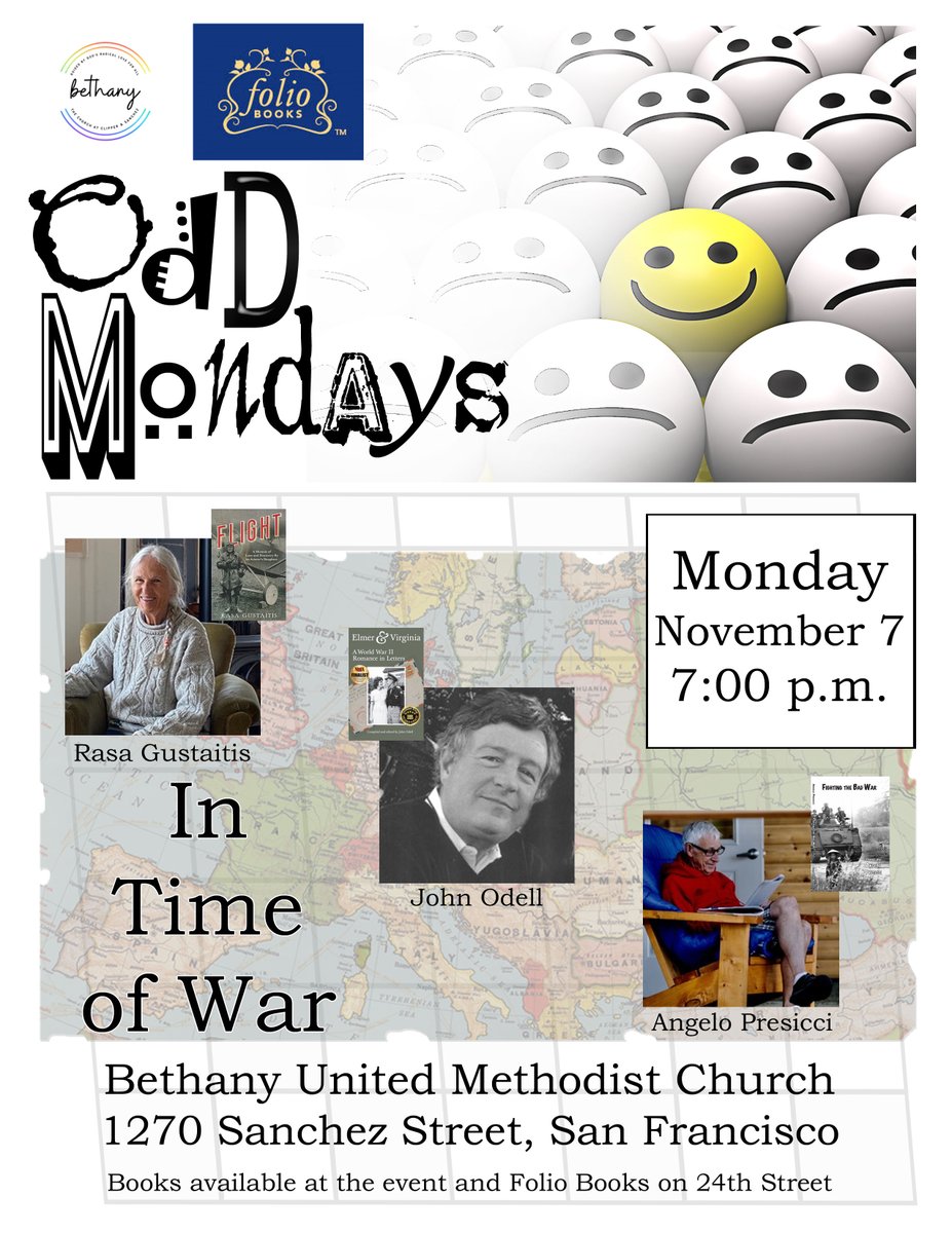 The topic is war at the November Odd Mondays. Join us Nov 7, 7pm-8pm at 1270 Sanchez in Noe Valley for readings from books on war. Free. Masks required by the venue. Books available for purchase &amp; signing. Copies also available from Folio Books 3957 24th St Noe Valley. @FolioSF