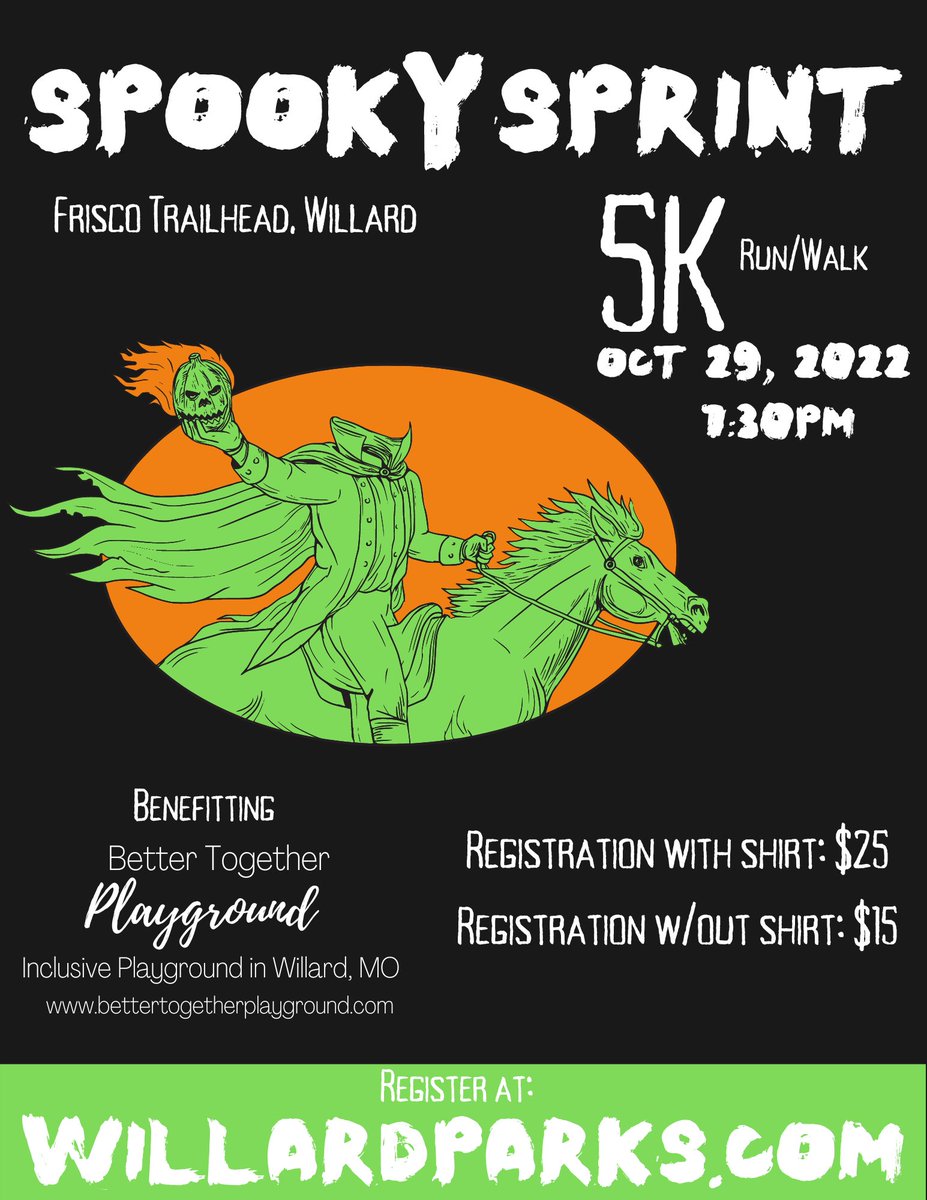 The Spooky Spirit 5K is this Saturday and benefits the building of an inclusive playground in Willard. See flyer to register and for more information!