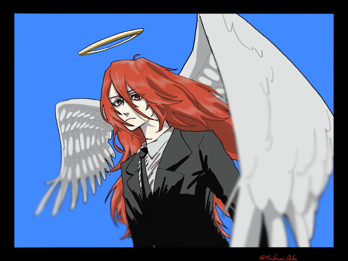 wings 1boy halo necktie long hair black necktie angel wings  illustration images