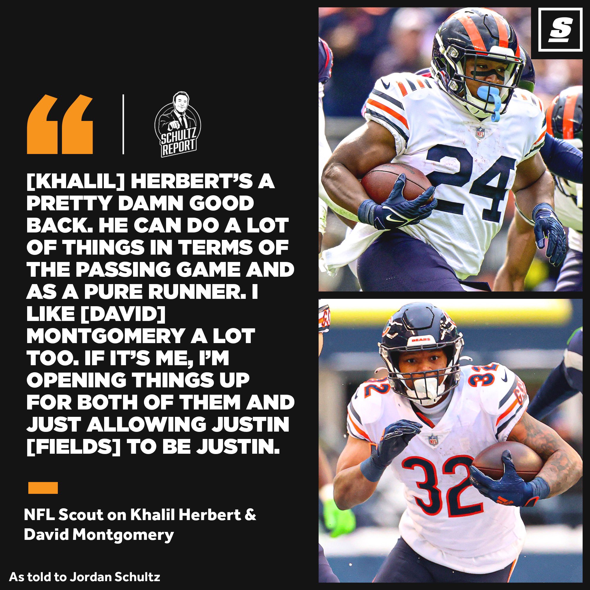 Jordan Schultz on Twitter: "Some high praise for #Bears' RBs Khalil Herbert  and David Montgomery, according to one scout I spoke with. And I agree with  the notion of “allowing Justin [Fields]