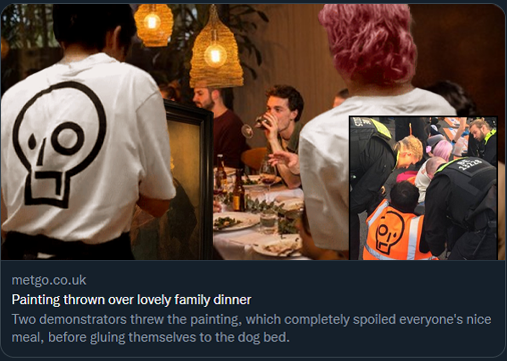 Getawhale's tweet photo. BREAKING: Eco-activists have struck again, this time ruining a family's beautiful dinner with a Rembrandt self-portrait worth over £14,500,000 https://t.co/orTvX9Z3OB