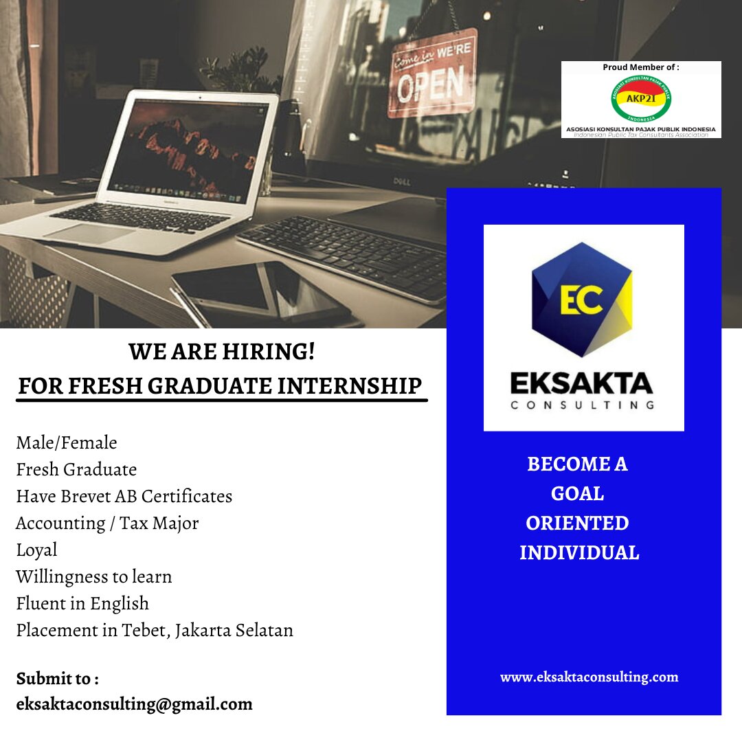 EksaktaC's tweet photo. We are hiring! 
1. Internship Offline

Diutamakan pria. Jika berminat dan sesuai dengan kualifikasi silahkan kirimkan cv ke eksaktaconsulting@gmail.com https://t.co/AswzoW8aVk