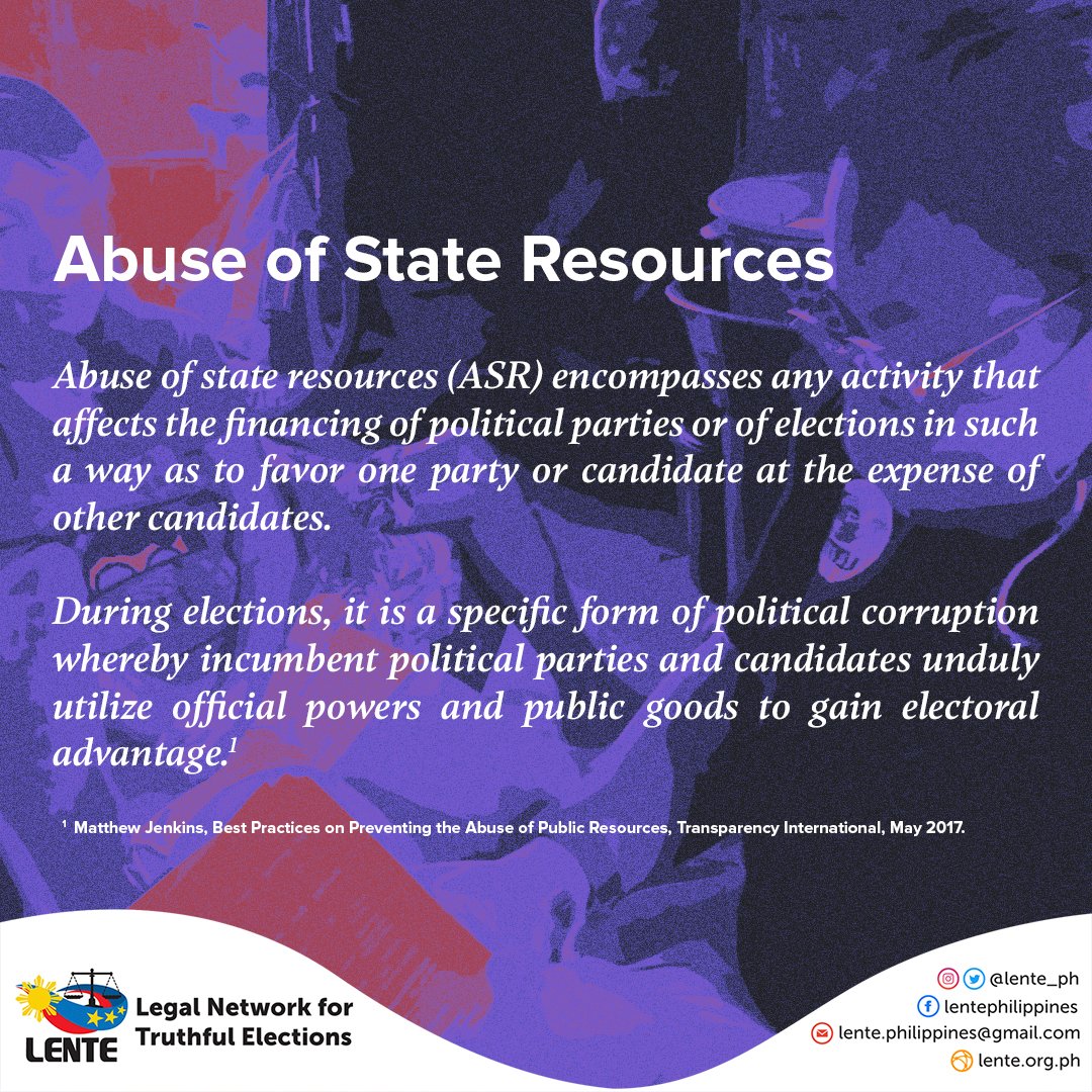 lente_ph's tweet photo. What is ABUSE OF STATE RESOURCES?
Abuse of State Resources (ASR) encompasses any activity that affects the financing of political parties or elections in such a way as to favor one party or candidate at the expense of other candidates (Speck and Fontana, 2011). https://t.co/I8B9QYU8vX