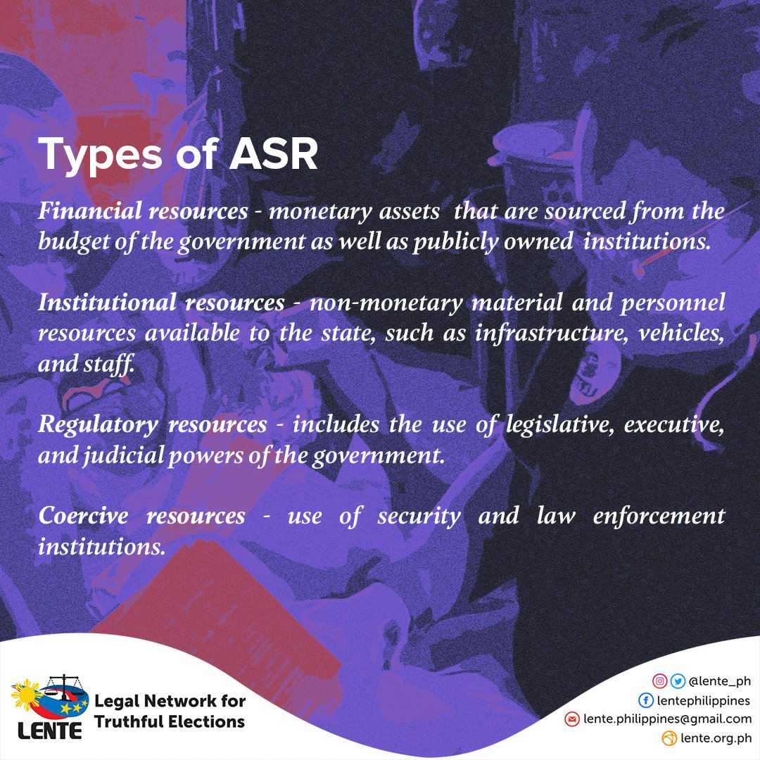 lente_ph's tweet photo. What is ABUSE OF STATE RESOURCES?
Abuse of State Resources (ASR) encompasses any activity that affects the financing of political parties or elections in such a way as to favor one party or candidate at the expense of other candidates (Speck and Fontana, 2011). https://t.co/I8B9QYU8vX
