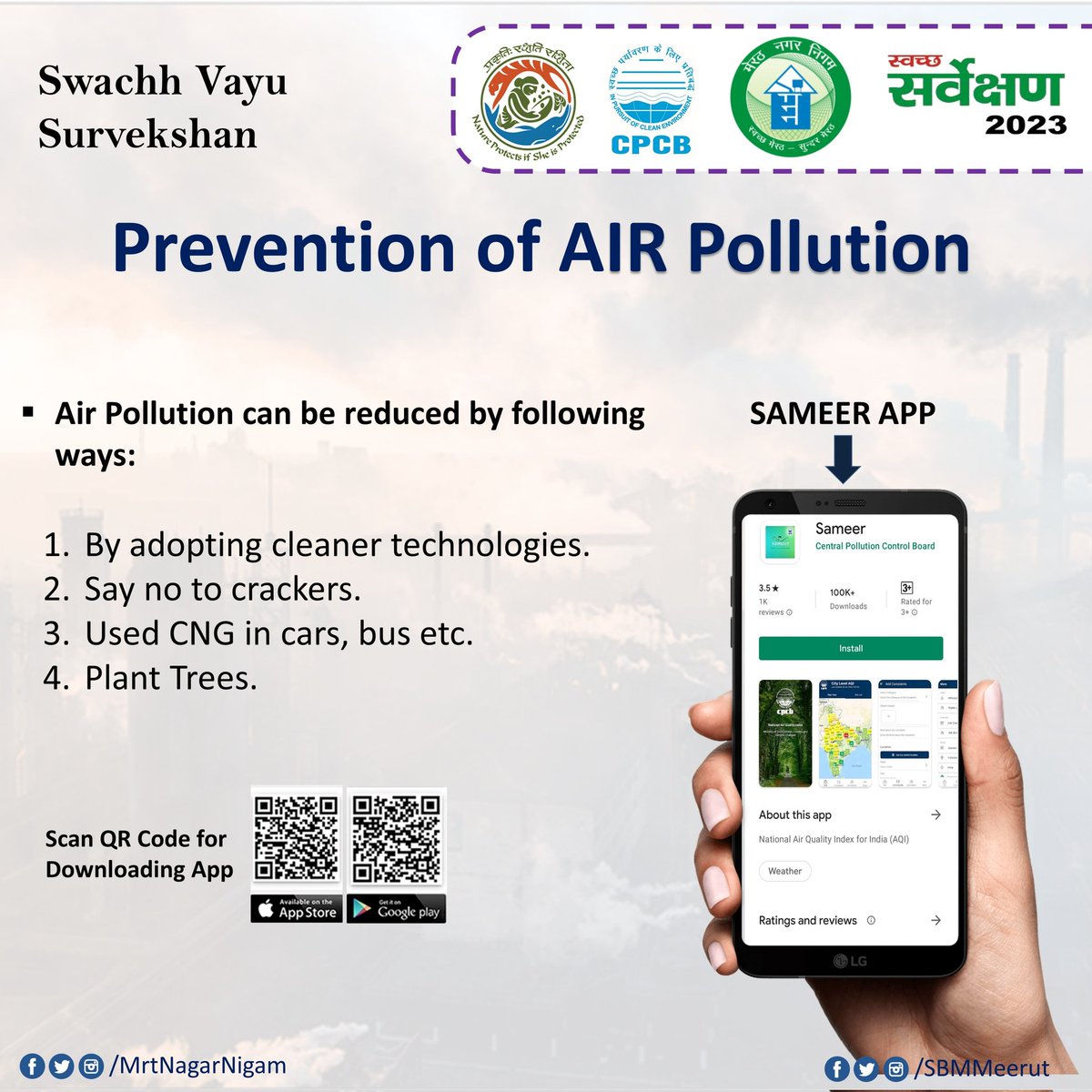 MrtNagarNigam's tweet photo. Prevention of AIR Pollution #DownloadSameerNow #GreenCity #PollutionFreeCity
#Sameer
@moefcc @CPCB_OFFICIAL @CAQM_Official
@PIB_India
@mygovindia https://t.co/uiAVa5JZvk