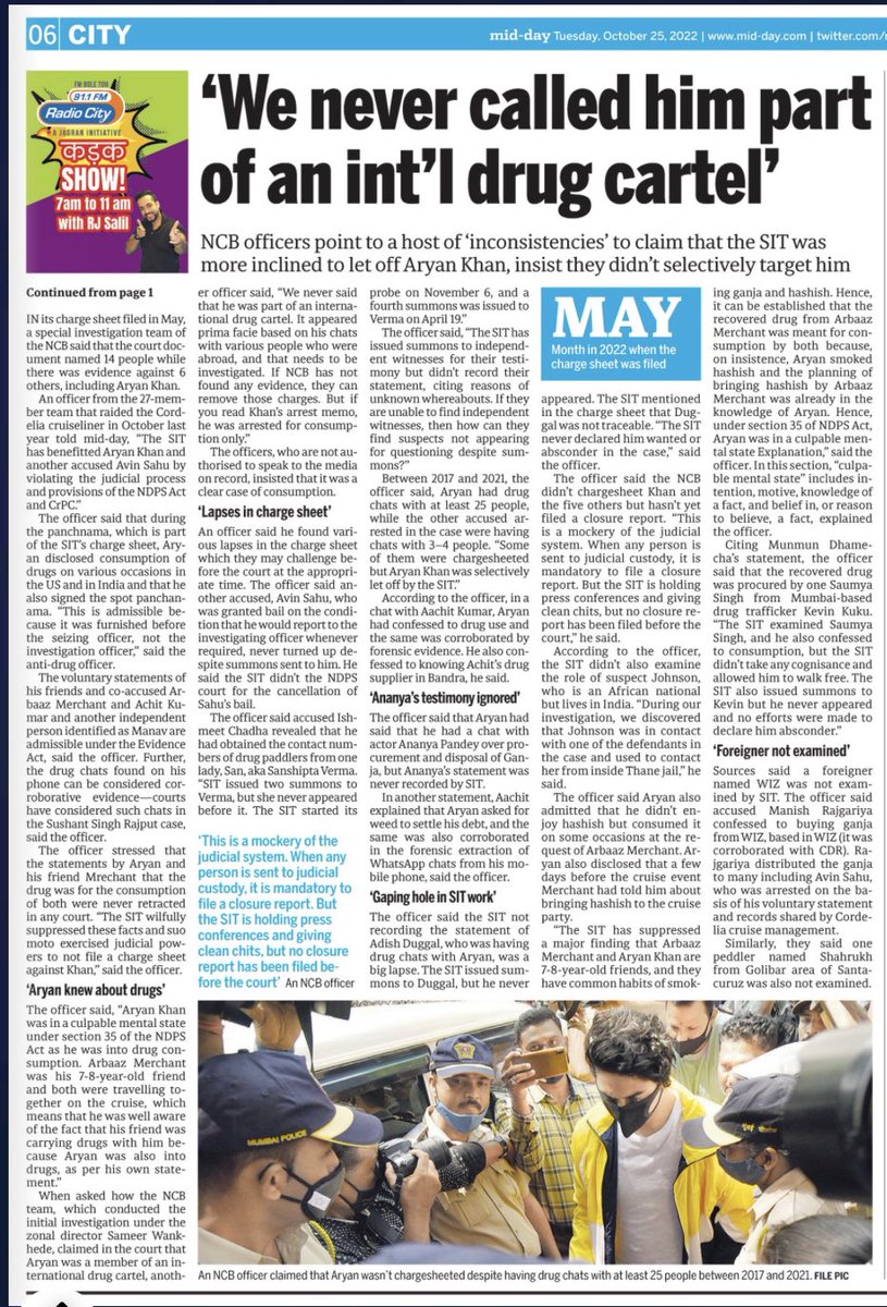 Now officers from the Cordelia cruise drug raid team told @mid_day that Aryan was selectively given the clean chit by SIT without taking into account the statements of key witnesses and suspects.The officers requested anonymity.