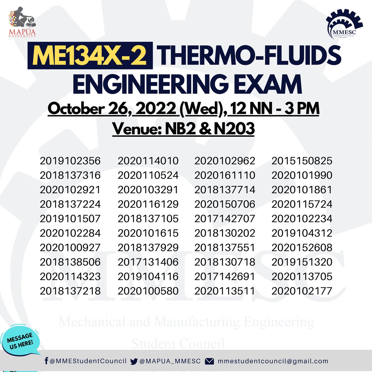 MAPUA_MMESC's tweet photo. π£ ππ‘π‘π’π¨π‘πππ ππ‘π§ π£
Here are the list of students who will be taking the final round of exit exams on OCTOBER 26 and 27.
Please be guided.
#OneMME
#WeTheNorth
#MapΓΊaMMESC https://t.co/LwINo3fSUE